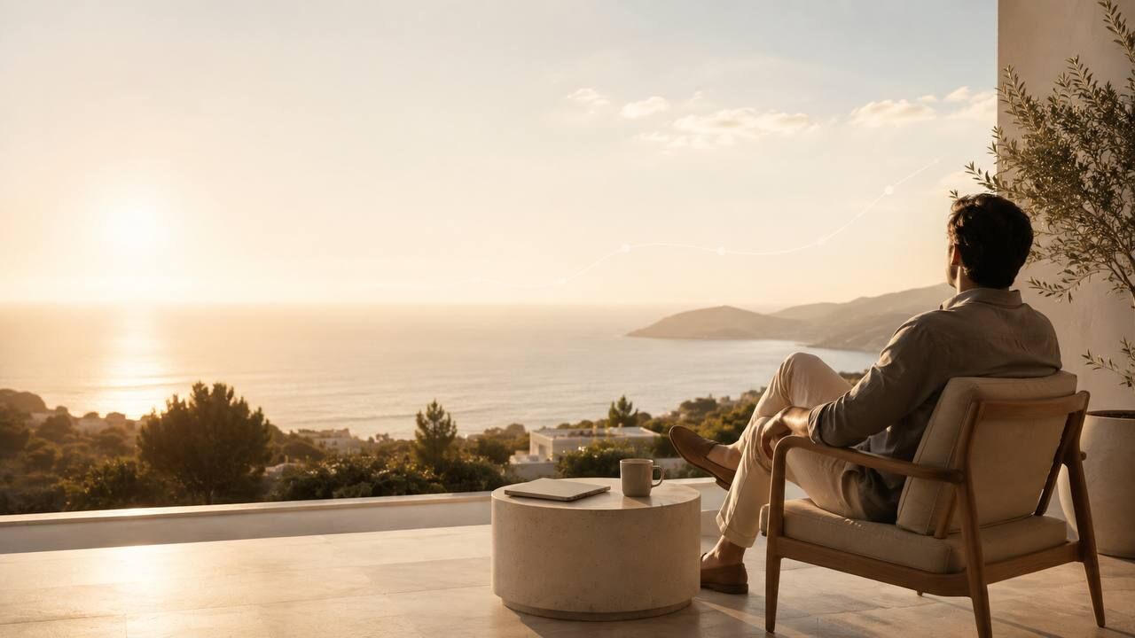 Persona disfruta de una jubilación tranquila en una terraza con vistas al mar al atardecer
